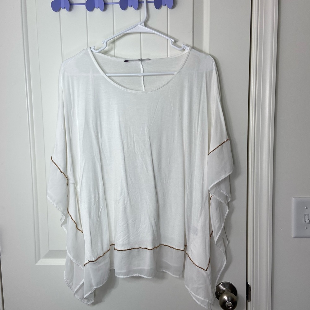 NWOT Jennifer Lopez women’s white gold beaded trim sheer loose relaxed blouse‎ M